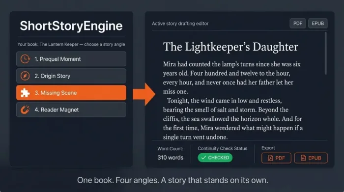 ShortStoryEngine AI story angle selection interface and finished publication-ready story output